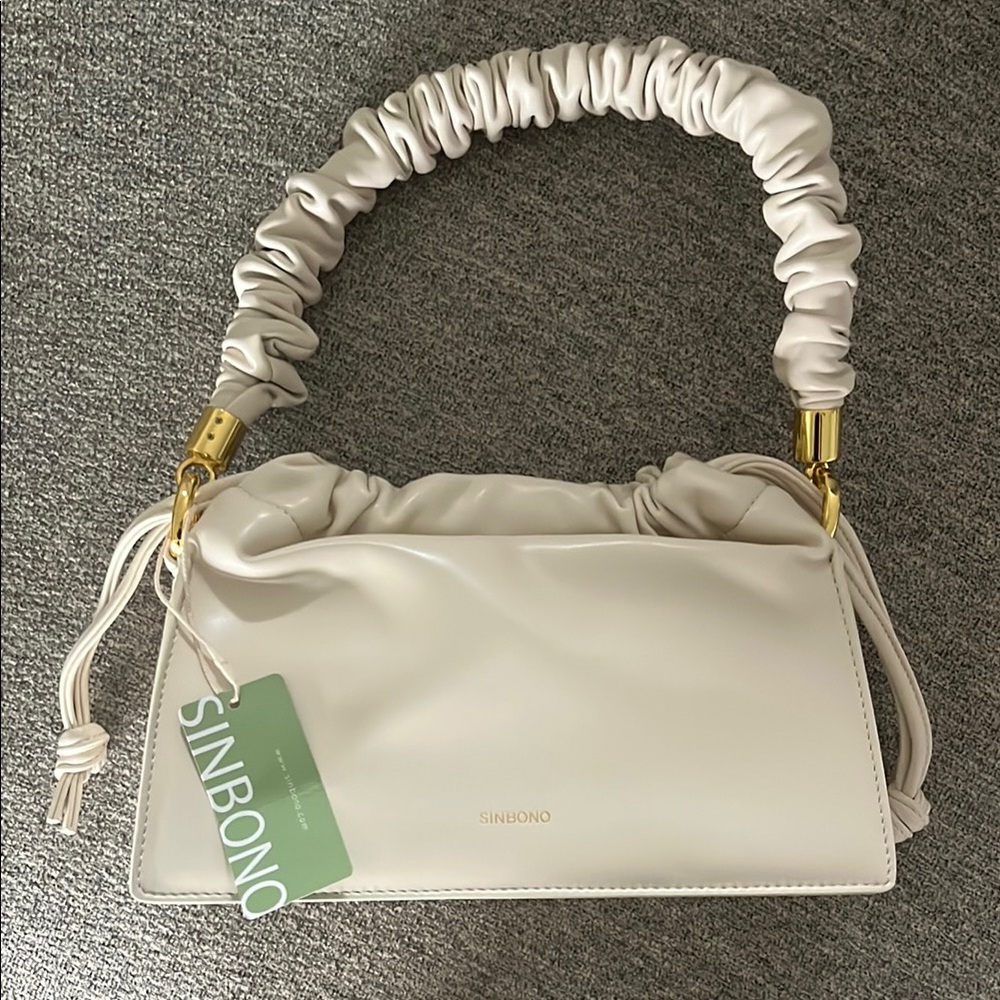 Cream Shoulder Bag with Ruched Handle and Gold Hardware